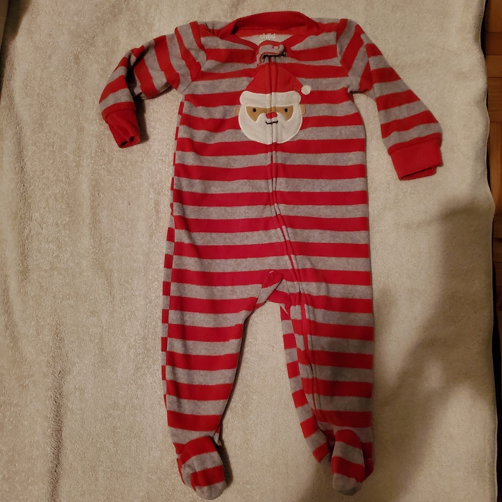 (6/$18) 0-3m Carter's Red and Gray Striped Footie with Santa Design